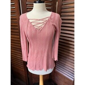 White House Black Market Pink Chevron Lace Up V Neck Sweater XXS